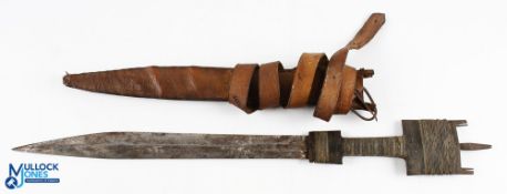 African Tribal Gabon Fang Sword, c.19th/20th Century with shaped wooden and iron handle, with sheath