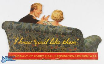 c1930 J Lyons & Co London Card Shop Advertising display sign, a card cut-out of a couple on step
