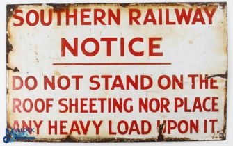 SR Enamel Sign - Southern Railway Notice - Do Not Stand on Roof - sheeting with wear - size 32cm x