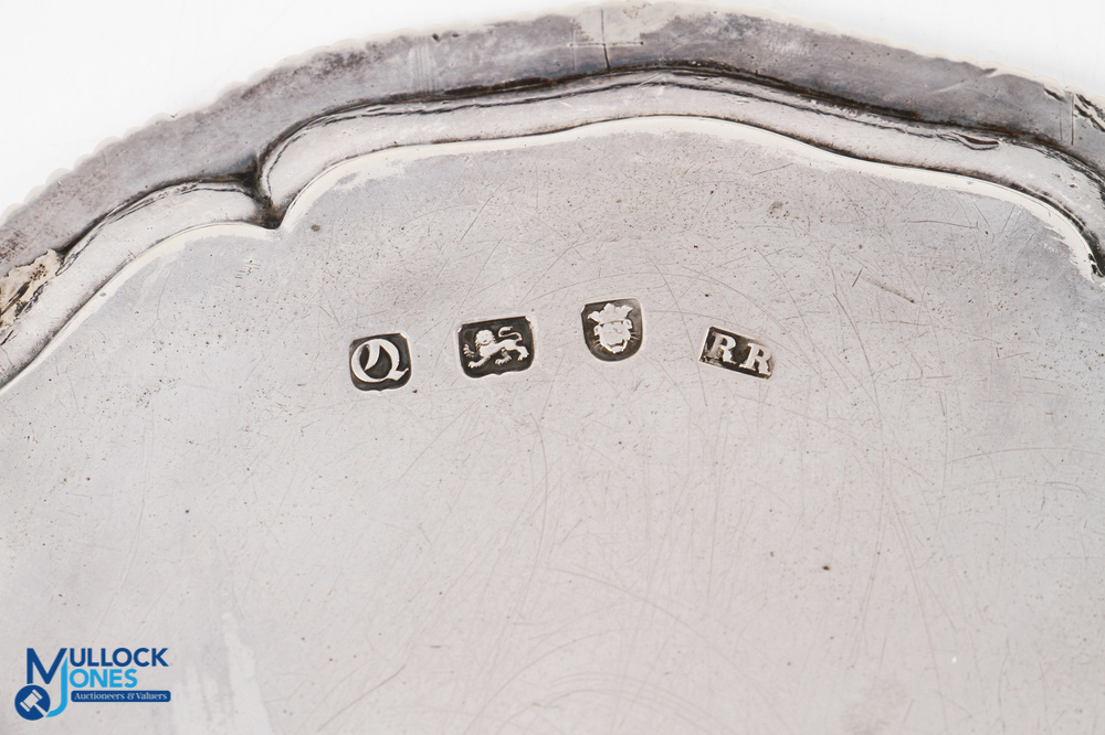 George II Hallmarked Silver Small Waiter London 1771 with gadroon design rim on 3 hoof feet, - Image 3 of 3