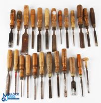A Collection of Period Woodworking Chisels and Turning tools, with noted makers of A Hildick,