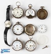 Silver Pocket Fob Watch Spares & Repair Collection, 5 silver hallmarked cases - pocket watches, with