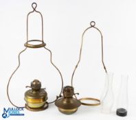 2x Hanging Oil Lamps, a copper Duplex lamp with matching copper hanger with chimney, plus a gold
