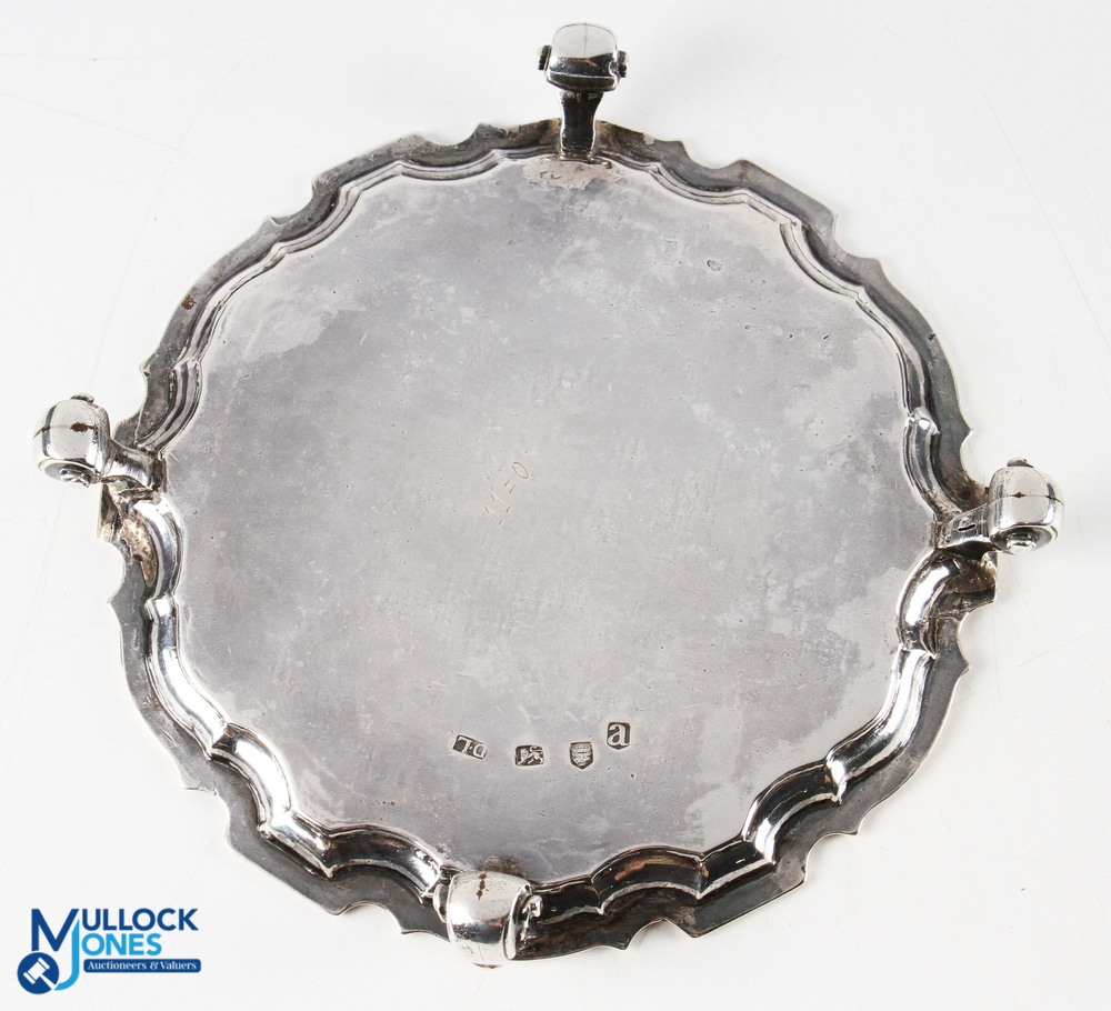 George III Hallmarked Silver Waiter London 1816 pie crust rim with central framed monogram on 4 - Image 2 of 4