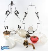 Period Oil Lamp Spare Parts, to include a good cut glass cranberry reservoir, a Messenger No.2