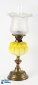 Yellow Embossed Glass Oil Lamp, with a clear transfer etched shade and chimney, with brass fitting