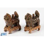 2x Chinees Lion Dragon Incense Pottery figures, with brown glaze on wooden stands - #15cm tall