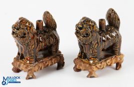 2x Chinees Lion Dragon Incense Pottery figures, with brown glaze on wooden stands - #15cm tall