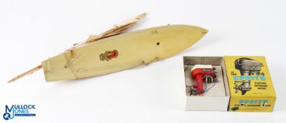Bowman Racing Yacht, a wooden toy model in good condition, plus a boxed The Sprite electric outboard