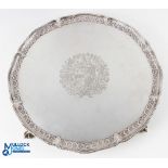 Large George II Crest Engraved Silver Salver by John Carter II 1771 shaped beaded rim with repeat