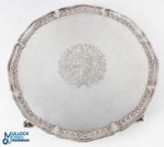 Large George II Crest Engraved Silver Salver by John Carter II 1771 shaped beaded rim with repeat