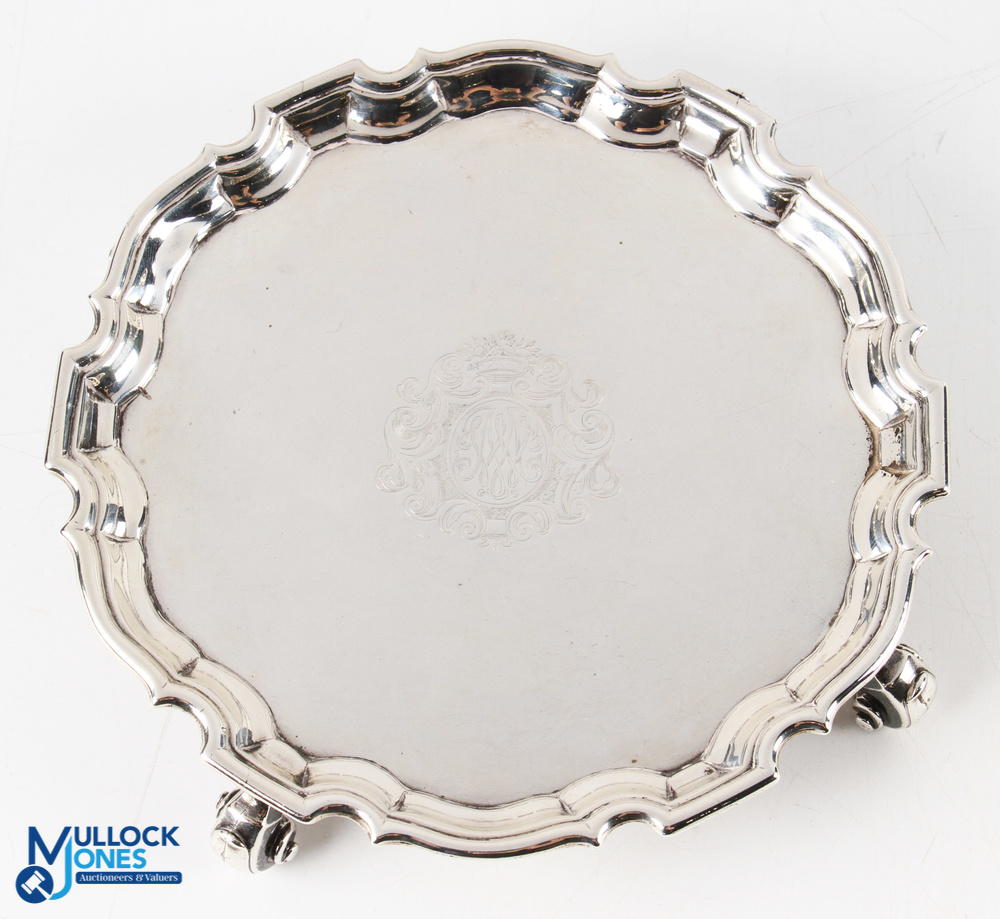 George III Hallmarked Silver Waiter London 1816 pie crust rim with central framed monogram on 4