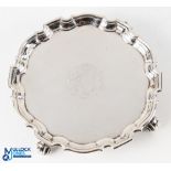 George III Hallmarked Silver Waiter London 1816 pie crust rim with central framed monogram on 4