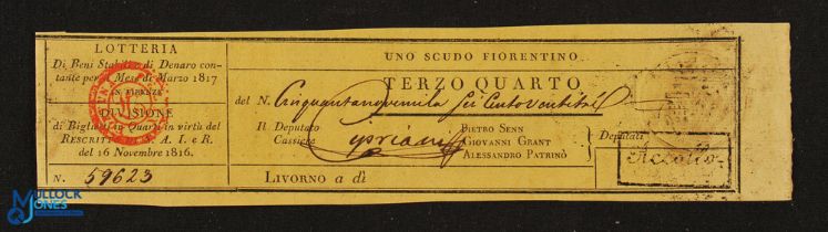 Lottery Ticket 1817 good example of an early 19th c lottery ticket, issued in Livorno, Italy.