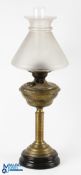 Brass Duplex Oil Lamp, all complete with chimney and shade on a black ceramic base #66cm tall.