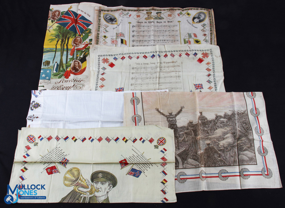 World War I - Collection of 6 Patriotic Printed Cloths & Silk c1914-16 - Illustrated with