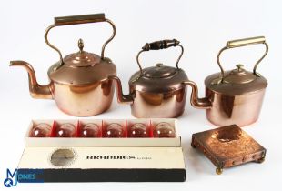 3x Old Copper Kettles, a hammered kettle/pot and on brass bun feet, a boxed set of 6 Brandy