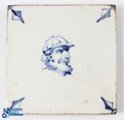 Delft 6" x 6" Tile, with a distinguished gent portrait wearing cap, came with cricket items - might