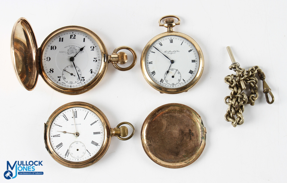 3x Elgin & Waltham Gold Plated Fob Watches, to include a working Elgin Tho Russell retailed a