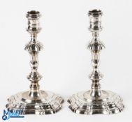 George II Cast Silver Pair of Candlesticks by Thomas Gilpin London 1746 with fluted baluster