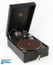 c1930 HMV Wind up Gramophone, in its black case with a compartment for needles, comes with a