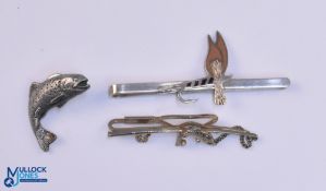 Silver Hallmarked Fly-Fishing Tie Clip - London 1990, with a plated leaping Salom tie clip and a