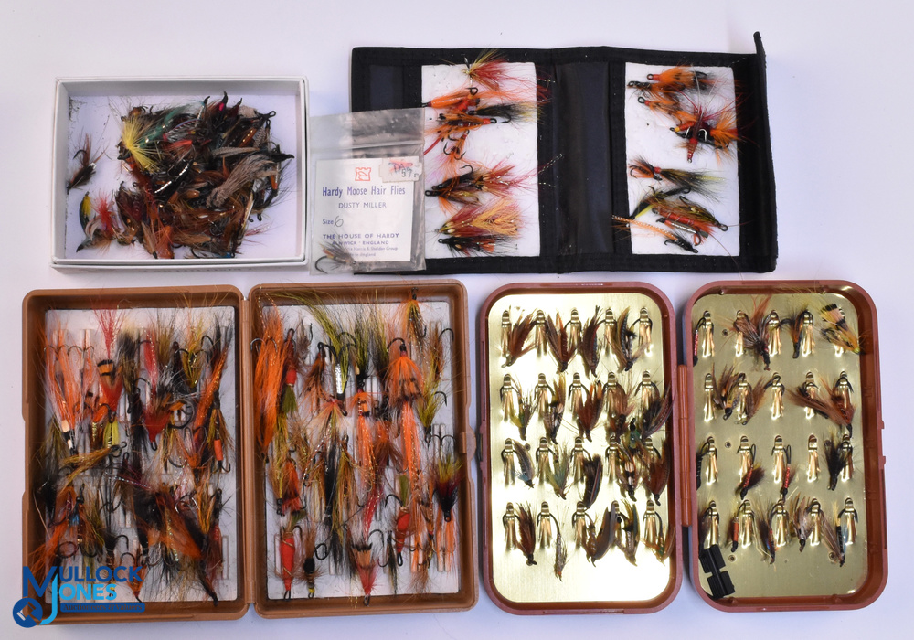 Sea Troub & Salmon Flies Collection including a good Hardy fly box 40 clips with a golden metal