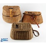 A collection of fishing wicker creels, comprising: 12" x 11" with woven shoulder strap, leather