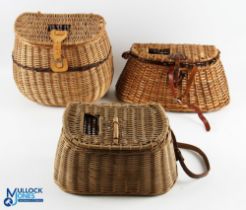 A collection of fishing wicker creels, comprising: 12" x 11" with woven shoulder strap, leather