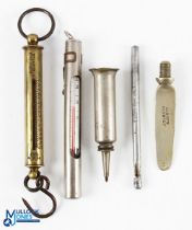 Five Hardy gadgets, brass scales 0-30lbs, a nickel plated thermometer with pocket clip, a nickel rod