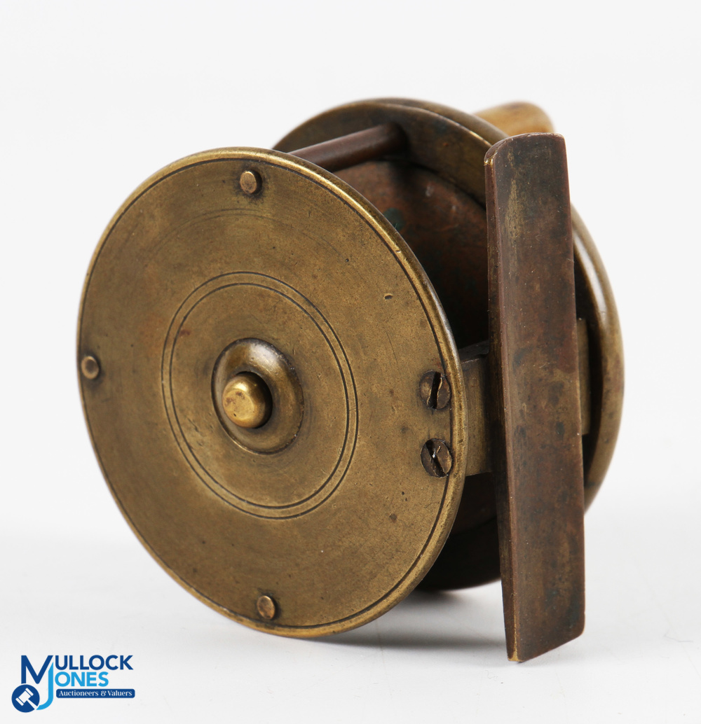 Scarce W Johns Maker Tavisock brass trout fly reel, 2 ¼" spool with polished horn handle, constant - Image 3 of 5