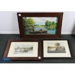 3x Period Fishing Paints, Engraving Print, a painting of an acrylic on canvas boat fishing, in large