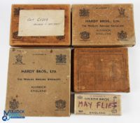 A collection of 5 Hardy card boxes 4 with crimped metal corners, one with a broken hinge (5)
