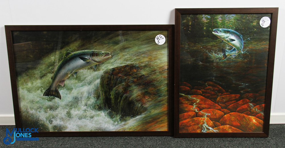2x Chris Sharp Leaping Salmon Fishing Prints, sized #42cm x 61cm, well printed on embossed card,