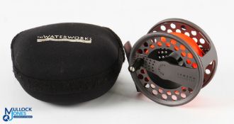 Lamson USA Velocity V3 hard alox trout fly reel 3 ½" wide spool with black handle, large rear