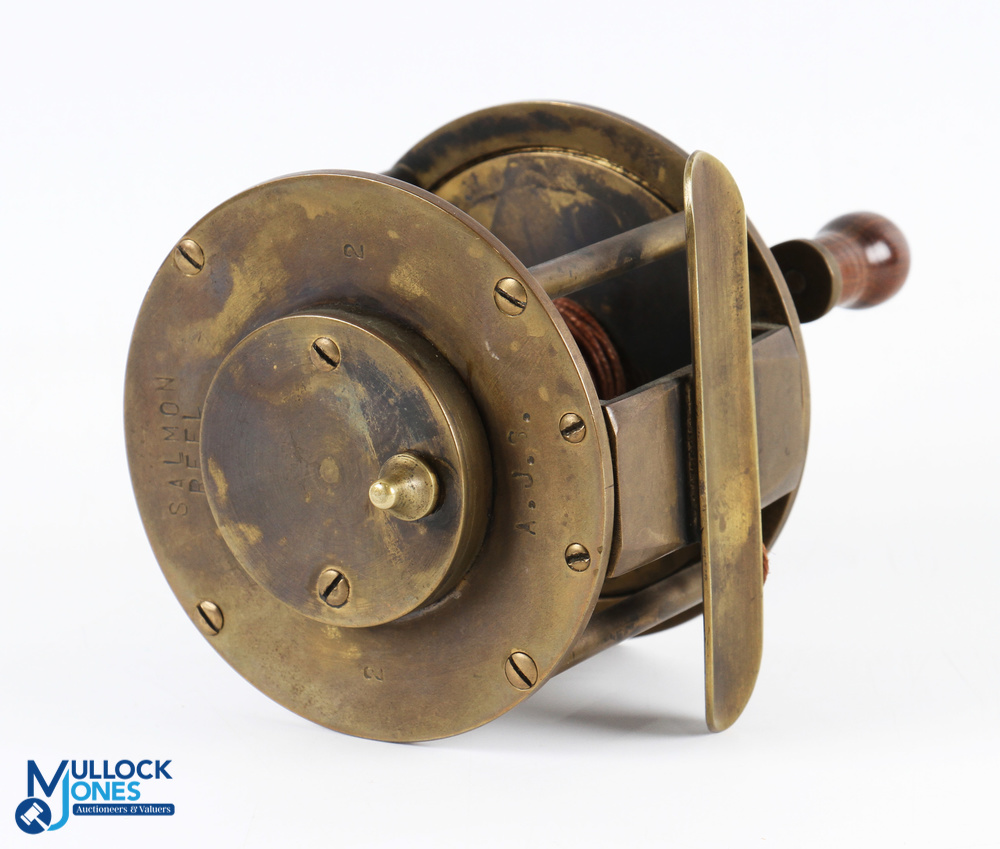 An unusual brass wide drum salmon winch, 3.75" diameter, 2.5" wide, twin handles on crossbar to - Image 2 of 2