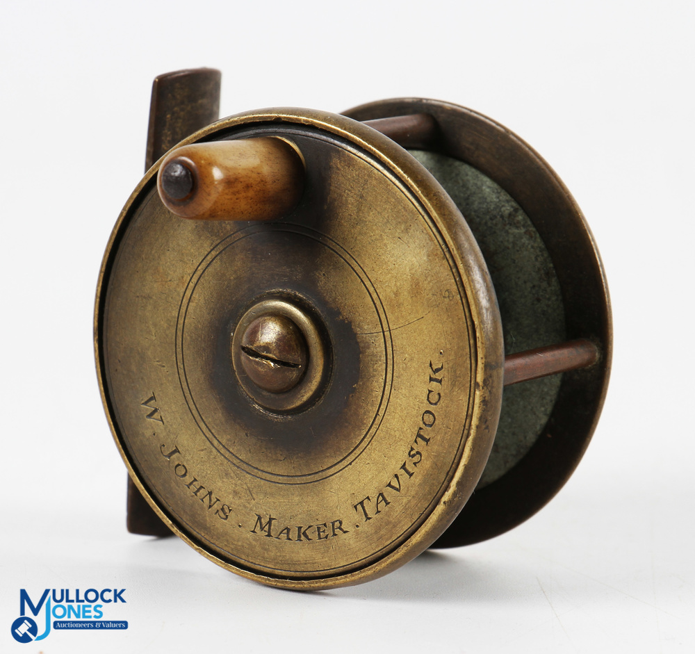 Scarce W Johns Maker Tavisock brass trout fly reel, 2 ¼" spool with polished horn handle, constant - Image 2 of 5