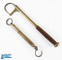 Farlows brass spring scales 0-50 lbs and Farlows brass/steel single draw gaff, with square shaft,