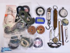 Fishing Accessories, to include unused and used millend line, Salter CK pewter fishing scales hip
