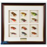 A fantastic 'man cave' salmon fly display - gut eye single flies, 12 in total from size 2/0 to 5/