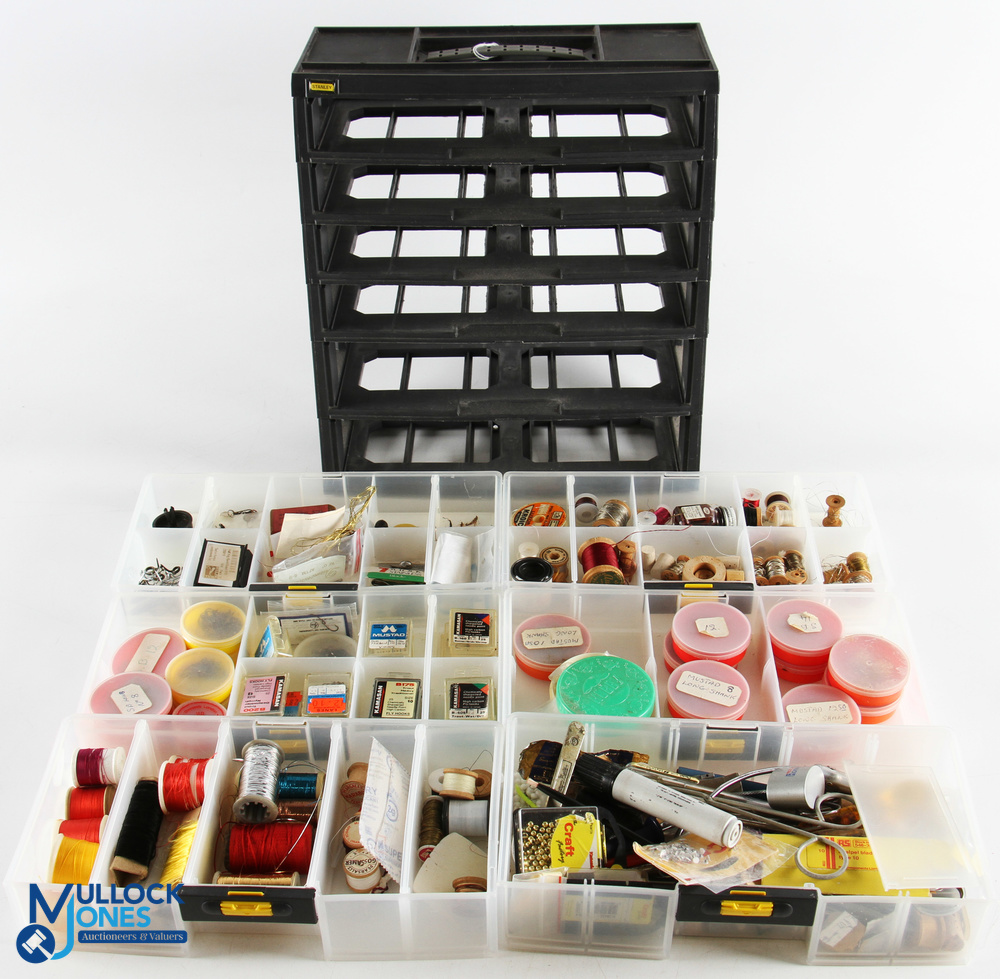 Fly-Tying Collection of Equipment and Tools all within a plastic drawer stacker, with noted