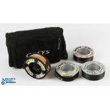 Greys Alnwick GRXi alloy cassette trout fly reel with 3 spare cassettes 3 7/8" spool, 2 screw latch,