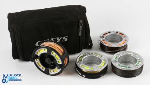 Greys Alnwick GRXi alloy cassette trout fly reel with 3 spare cassettes 3 7/8" spool, 2 screw latch,