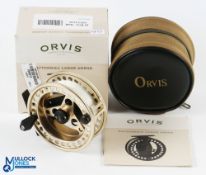 Orvis USA Battenkill large arbor III gold finish rout fly reel, 3 ¾" shallow spool, 2 screw latch,