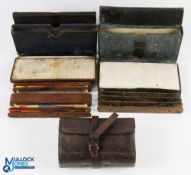 Unnamed leather Fisherman's Compendium with mahogany line winder with sliding lid, cap and shot with