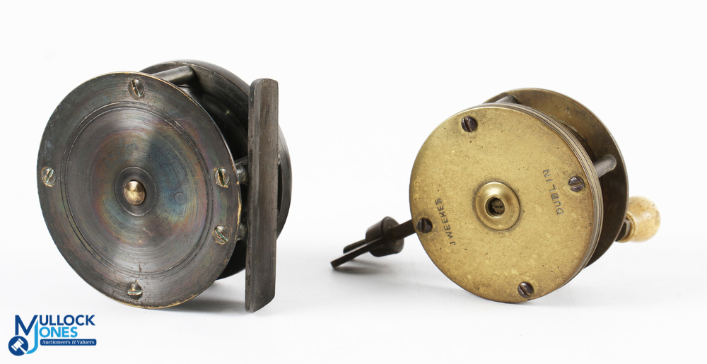 Very interesting spike winch brass reel by J Weekes Dublin, 2" spool, straight arm with horn domed - Image 3 of 3