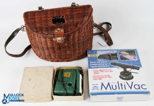 Multi Vac Rac, Rod Rest in original box with a creel style wicket basket, with contents of a