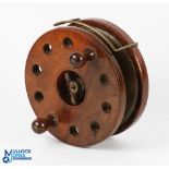 Large Millwards 7" Wooden Brass Frog Back Centrepin Reel twin wooden handle, large brass wingnut