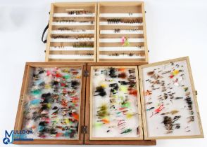 3x Wooden Fly Boxes with mixed contents of trout on flies, a good selection, neatly displayed inside
