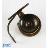 A scarce Mallock Perth patent brass side casting reel, size 2 5/8" with 2 1/8" reversable spool,